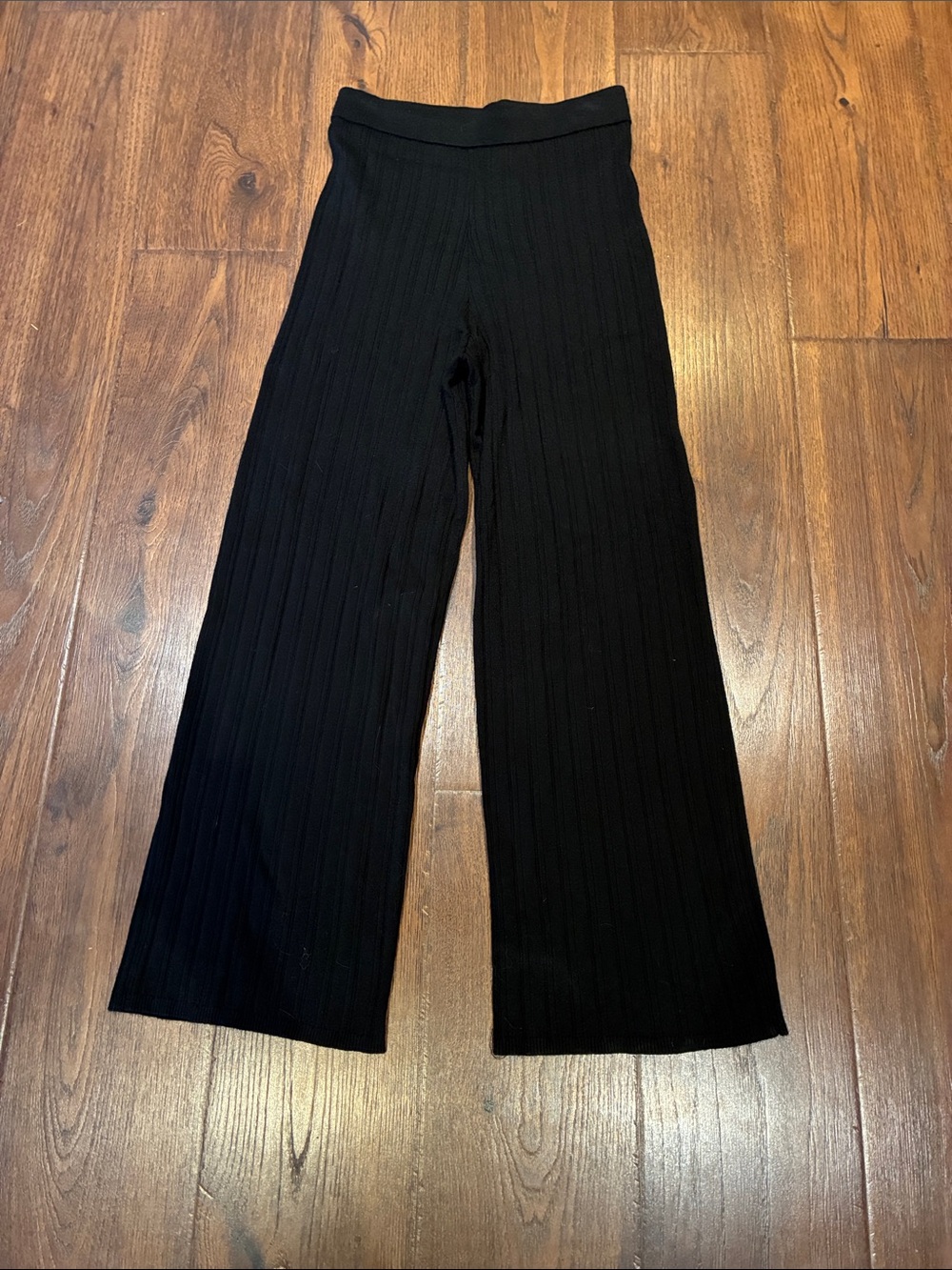 Black Ribbed Wide-Leg Knit Pants